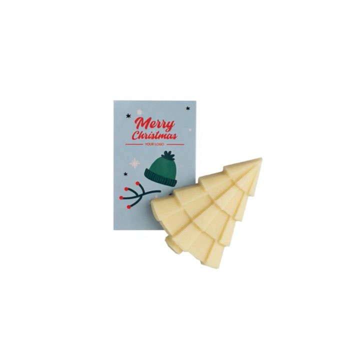 Chocolate en forma de árbol de navidad con tarjeta personalizable color blanco tercera vista