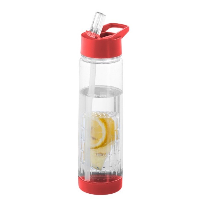Botella con pajita e infusor de fruta color rojo Botella con pajita e infusor de fruta color rojo