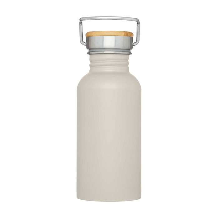 Botella de acero inoxidable de pared simple y tapa con bambú 550ml color arena segunda vista frontal Botella de acero inoxidable de pared simple y tapa con bambú 550ml color arena segunda vista frontal