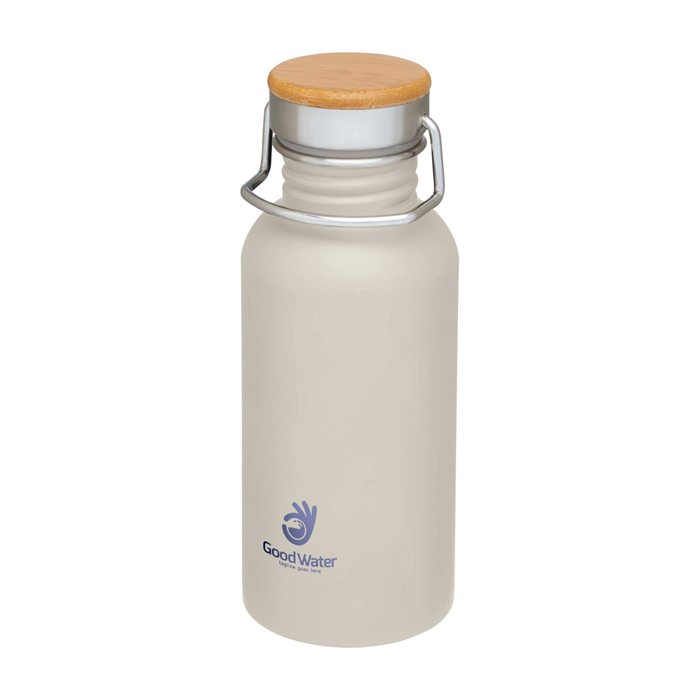 Botella de acero inoxidable de pared simple y tapa con bambú 550ml color arena vista impresión tampografía Botella de acero inoxidable de pared simple y tapa con bambú 550ml color arena vista impresión tampografía