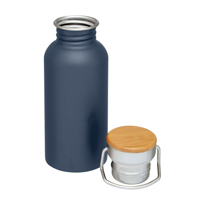 Botella de acero inoxidable de pared simple y tapa con bambú 550ml color azul cian segunda vista Botella de acero inoxidable de pared simple y tapa con bambú 550ml color azul cian segunda vista