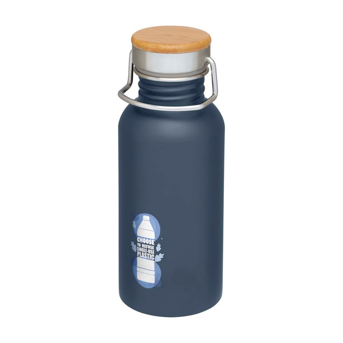 Botella de acero inoxidable de pared simple y tapa con bambú 550ml color azul cian vista impresión tampografía Botella de acero inoxidable de pared simple y tapa con bambú 550ml color azul cian vista impresión tampografía
