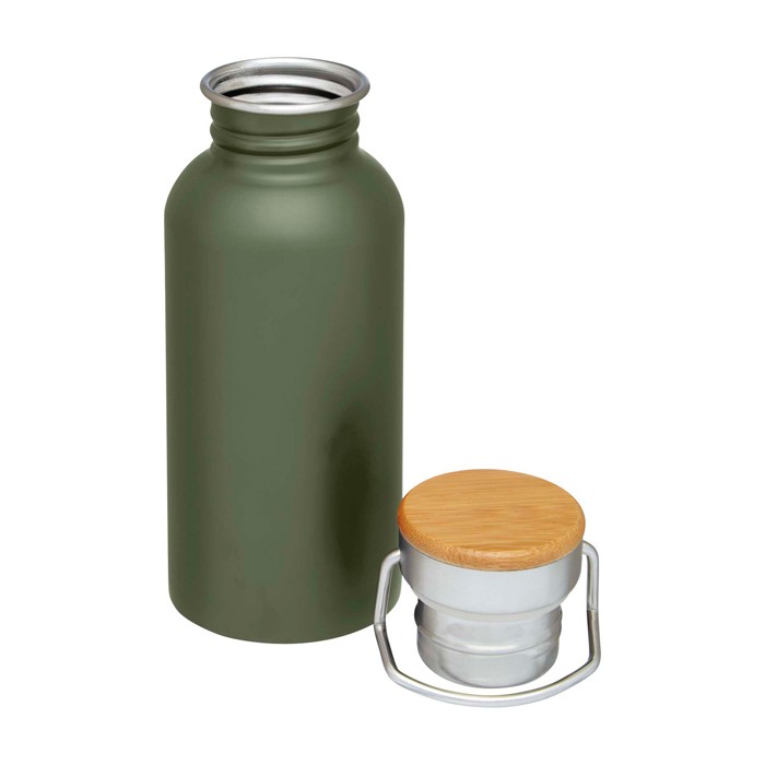 Botella de acero inoxidable de pared simple y tapa con bambú 550ml color verde oscuro segunda vista Botella de acero inoxidable de pared simple y tapa con bambú 550ml color verde oscuro segunda vista