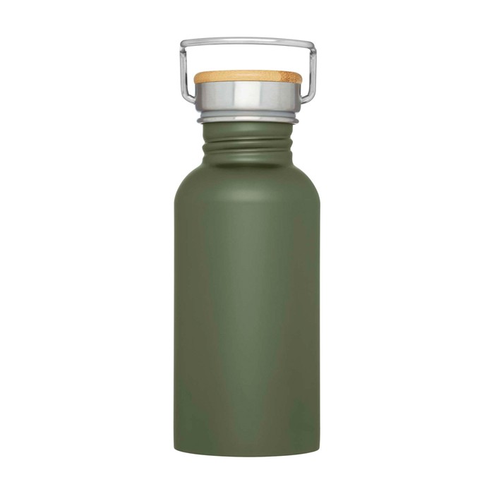 Botella de acero inoxidable de pared simple y tapa con bambú 550ml color verde oscuro segunda vista frontal Botella de acero inoxidable de pared simple y tapa con bambú 550ml color verde oscuro segunda vista frontal
