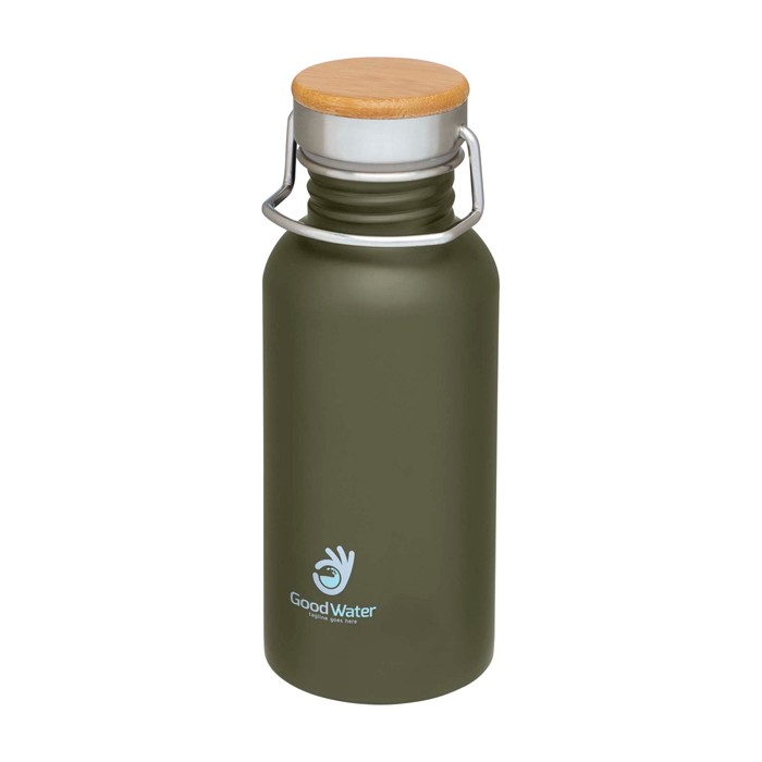 Botella de acero inoxidable de pared simple y tapa con bambú 550ml color verde oscuro vista impresión tampografía Botella de acero inoxidable de pared simple y tapa con bambú 550ml color verde oscuro vista impresión tampografía