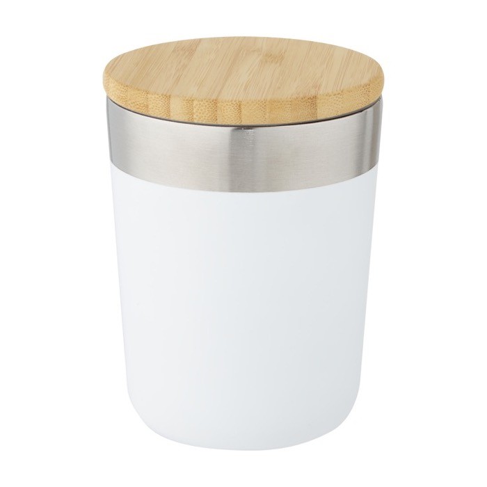 Vaso térmico con tapa de bambú orgánico color blanco segunda vista Vaso térmico con tapa de bambú orgánico color blanco segunda vista