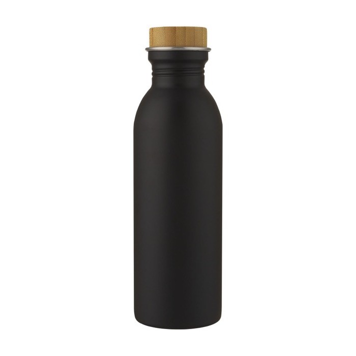 Botella de acero con tapa de bambú color negro segunda vista frontal Botella de acero con tapa de bambú color negro segunda vista frontal