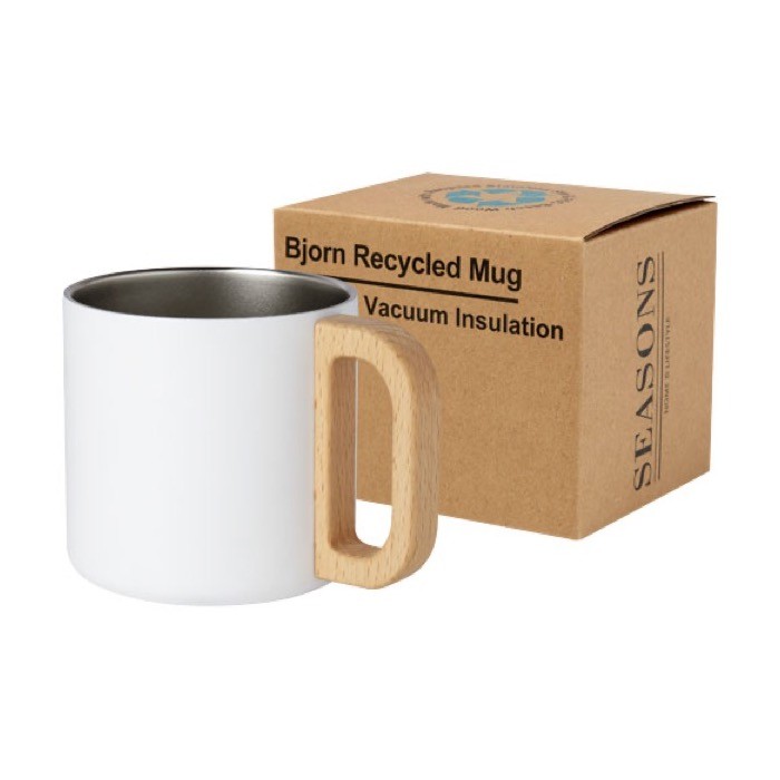 Taza de acero reciclado con aislamiento y mango de madera 360ml color blanco
