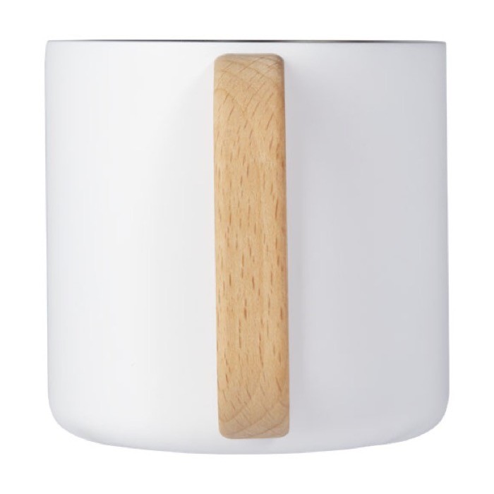 Taza de acero reciclado con aislamiento y mango de madera 360ml color blanco segunda vista trasera