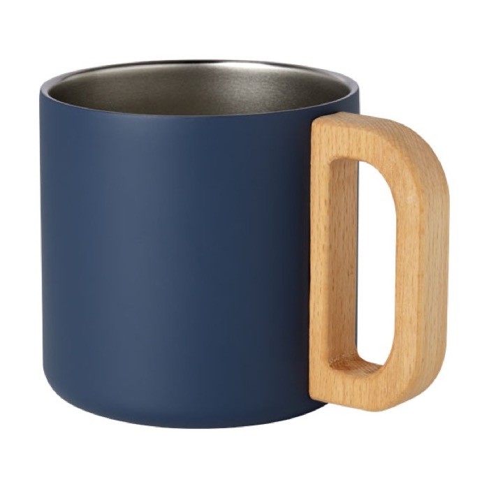 Taza de acero reciclado con aislamiento y mango de madera 360ml color azul oscuro segunda vista
