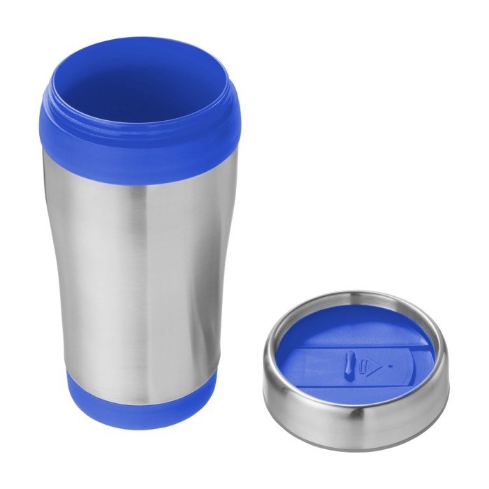 Vaso térmico de acero inoxidable reciclado con tapa giratoria 410ml color azul tercera vista Vaso térmico de acero inoxidable reciclado con tapa giratoria 410ml color azul tercera vista
