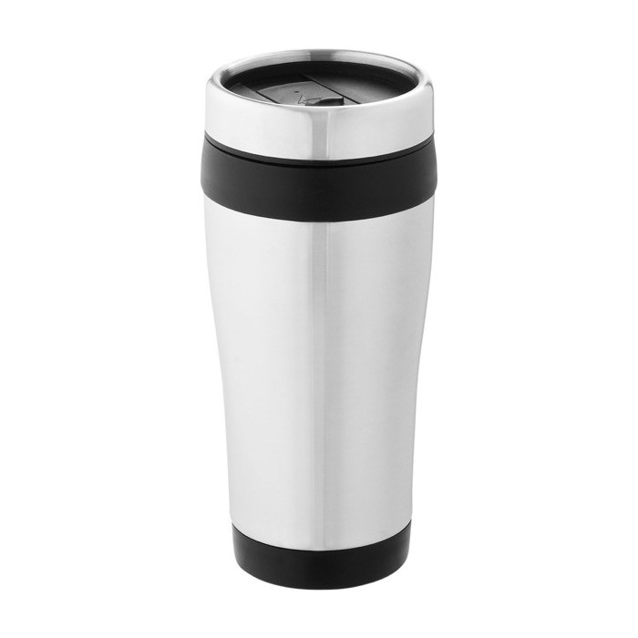 Vaso térmico de acero inoxidable reciclado con tapa giratoria 410ml color negro Vaso térmico de acero inoxidable reciclado con tapa giratoria 410ml color negro