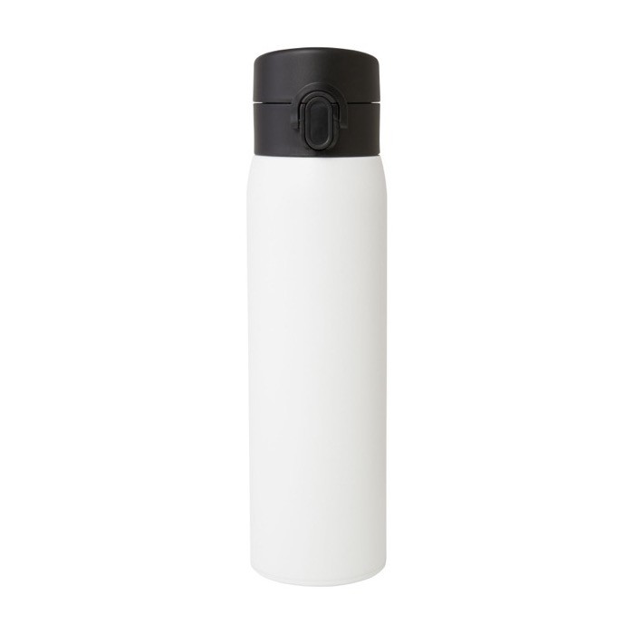 Termo de acero inoxidable reciclado con apertura de botón 450ml color blanco segunda vista frontal Termo de acero inoxidable reciclado con apertura de botón 450ml color blanco segunda vista frontal