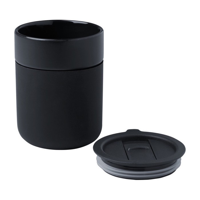 Vaso de cerámica con envoltura de silicona y tapa de plástico 330ml color negro segunda vista Vaso de cerámica con envoltura de silicona y tapa de plástico 330ml color negro segunda vista