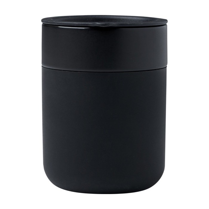 Vaso de cerámica con envoltura de silicona y tapa de plástico 330ml color negro segunda vista frontal Vaso de cerámica con envoltura de silicona y tapa de plástico 330ml color negro segunda vista frontal