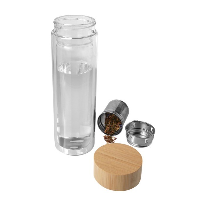 Botella de vidrio de borosilicato con infusor y tapa de bambú 400ml color transparente tercera vista Botella de vidrio de borosilicato con infusor y tapa de bambú 400ml color transparente tercera vista