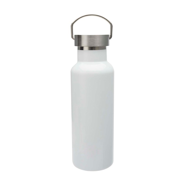 Botella de acero inoxidable reciclado ideal para agua 500ml color blanco tercera vista frontal Botella de acero inoxidable reciclado ideal para agua 500ml color blanco tercera vista frontal