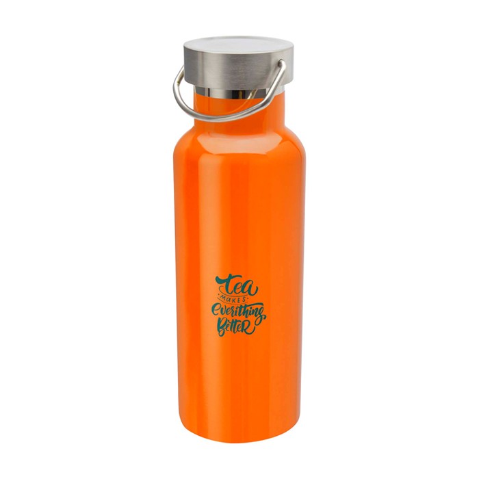 Botella de acero inoxidable reciclado ideal para agua 500ml color naranja vista impresión tampografía Botella de acero inoxidable reciclado ideal para agua 500ml color naranja vista impresión tampografía