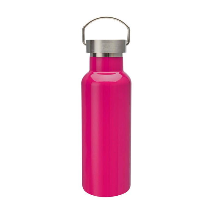 Botella de acero inoxidable reciclado ideal para agua 500ml color rosa tercera vista frontal Botella de acero inoxidable reciclado ideal para agua 500ml color rosa tercera vista frontal