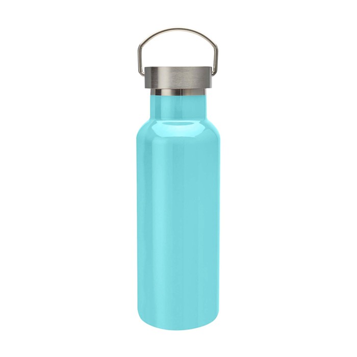 Botella de acero inoxidable reciclado ideal para agua 500ml color turquesa tercera vista frontal Botella de acero inoxidable reciclado ideal para agua 500ml color turquesa tercera vista frontal