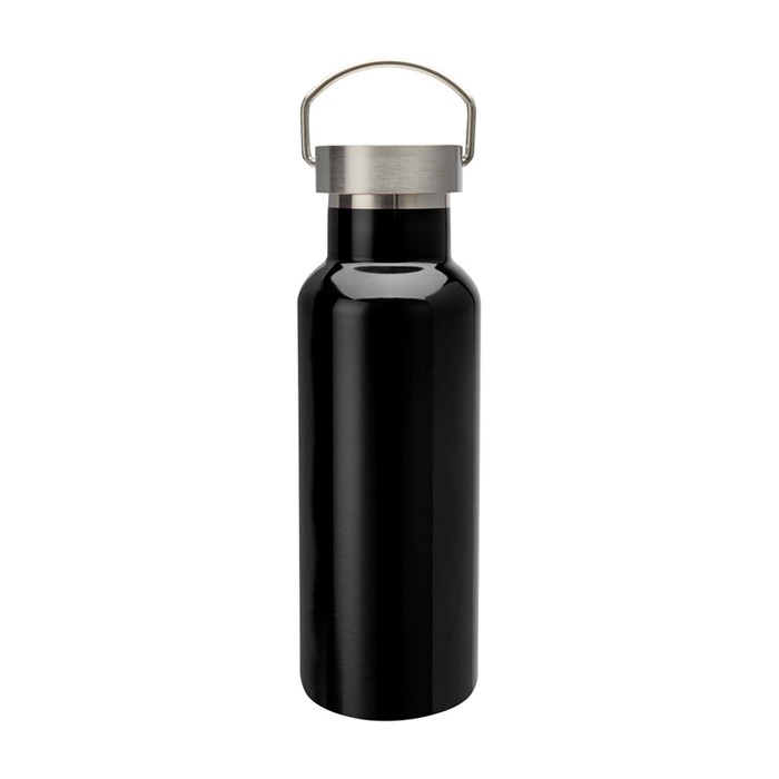 Botella de acero inoxidable reciclado ideal para agua 500ml color negro tercera vista frontal Botella de acero inoxidable reciclado ideal para agua 500ml color negro tercera vista frontal