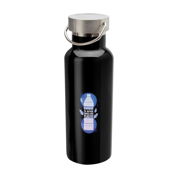 Botella de acero inoxidable reciclado ideal para agua 500ml color negro vista impresión tampografía Botella de acero inoxidable reciclado ideal para agua 500ml color negro vista impresión tampografía