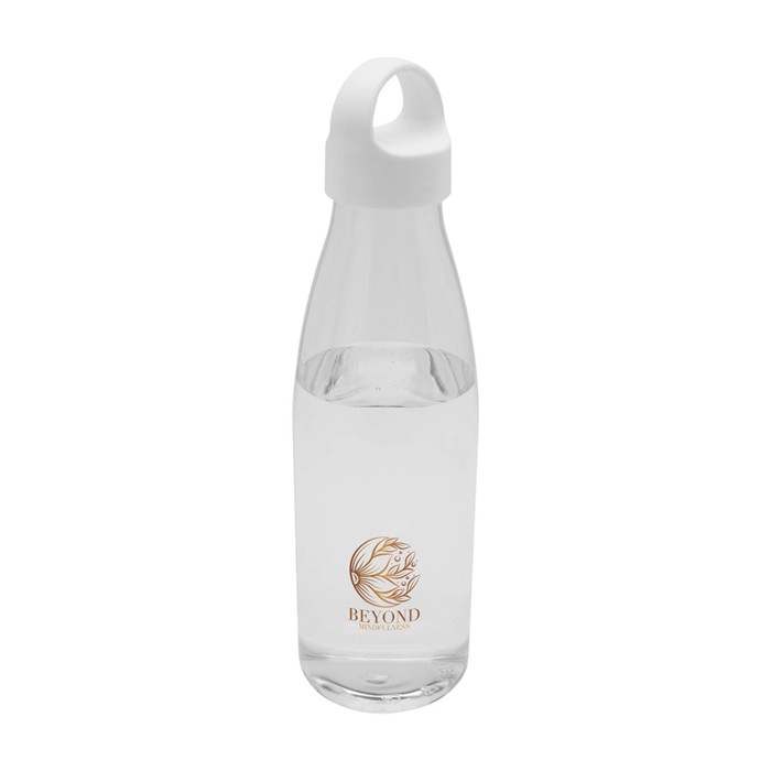 Botella de agua de plástico reciclado con asa de transporte 800ml color transparente vista impresión tampografía Botella de agua de plástico reciclado con asa de transporte 800ml color transparente vista impresión tampografía