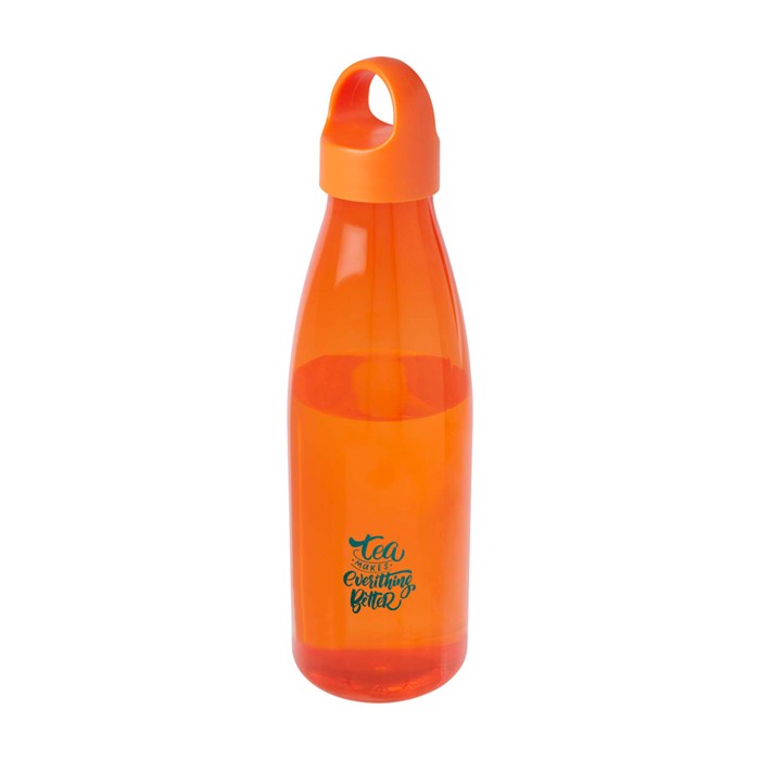 Botella de agua de plástico reciclado con asa de transporte 800ml color naranja vista impresión tampografía Botella de agua de plástico reciclado con asa de transporte 800ml color naranja vista impresión tampografía