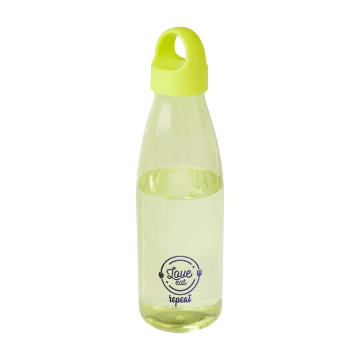 Botella de agua de plástico reciclado con asa de transporte 800ml color verde lima vista impresión tampografía Botella de agua de plástico reciclado con asa de transporte 800ml color verde lima vista impresión tampografía