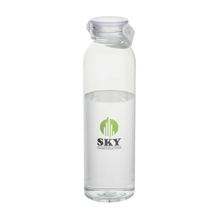 Botella de plástico reciclado con asa de silicona en la tapa 630ml color transparente vista impresión tampografía Botella de plástico reciclado con asa de silicona en la tapa 630ml color transparente vista impresión tampografía