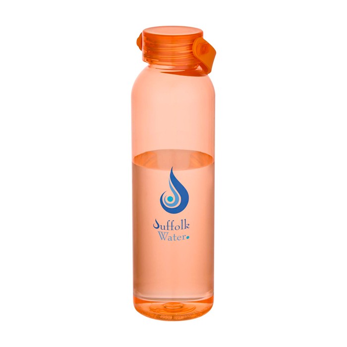 Botella de plástico reciclado con asa de silicona en la tapa 630ml color naranja vista impresión tampografía Botella de plástico reciclado con asa de silicona en la tapa 630ml color naranja vista impresión tampografía
