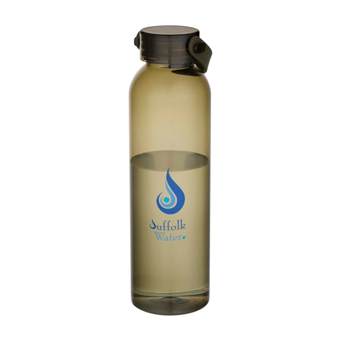 Botella de plástico reciclado con asa de silicona en la tapa 630ml color verde oscuro vista impresión tampografía Botella de plástico reciclado con asa de silicona en la tapa 630ml color verde oscuro vista impresión tampografía