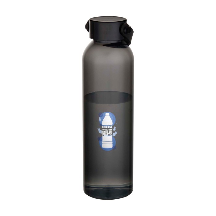 Botella de plástico reciclado con asa de silicona en la tapa 630ml color negro vista impresión tampografía Botella de plástico reciclado con asa de silicona en la tapa 630ml color negro vista impresión tampografía