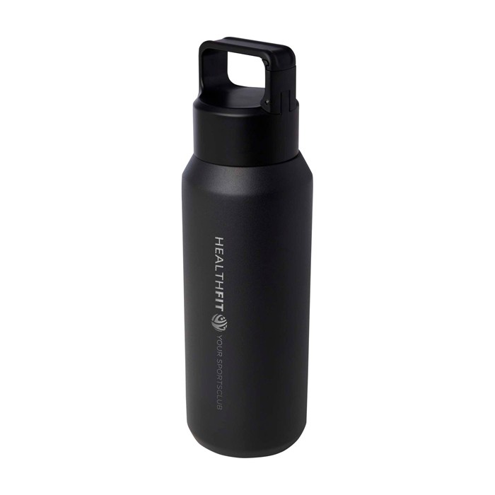 Botella de acero inox reciclado apta para bebidas carbonatadas 600ml color negro vista impresa logo 2 Botella de acero inox reciclado apta para bebidas carbonatadas 600ml color negro vista impresa logo 2