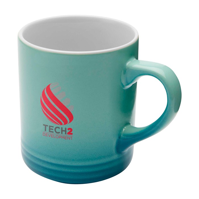 Taza de cerámica con efecto degradado en color de 330ml color turquesa vista impresión tampografía