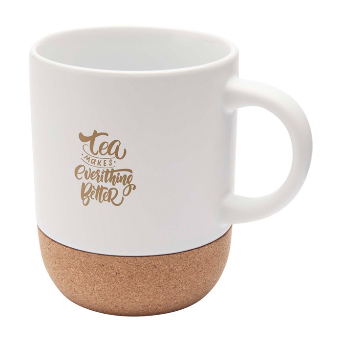 Taza de cerámica en acabado mate y base de corcho 300ml color blanco vista impresión tampografía Taza de cerámica en acabado mate y base de corcho 300ml color blanco vista impresión tampografía