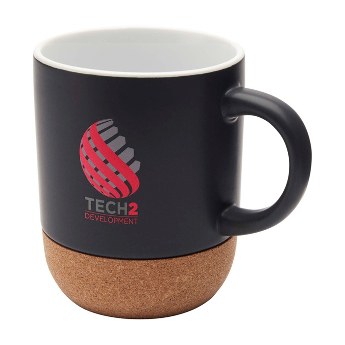 Taza de cerámica en acabado mate y base de corcho 300ml color negro vista impresión tampografía Taza de cerámica en acabado mate y base de corcho 300ml color negro vista impresión tampografía