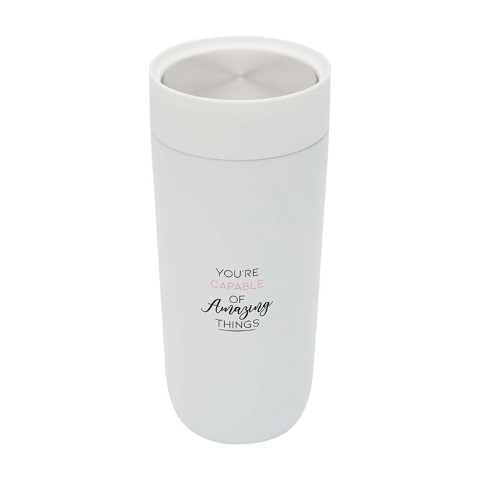 Vaso térmico de acero inoxidable con apertura pulsador 350ml color blanco vista impresión tampografía