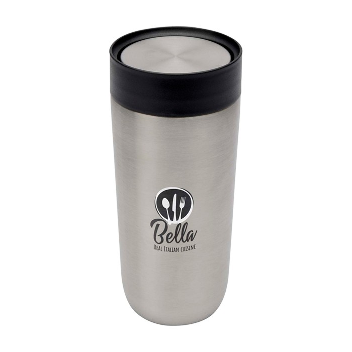 Vaso térmico de acero inoxidable con apertura pulsador 350ml color plateado vista impresión tampografía