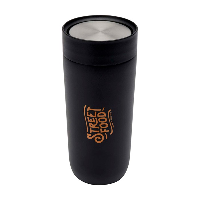 Vaso térmico de acero inoxidable con apertura pulsador 350ml color negro vista impresión tampografía
