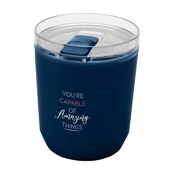 Vaso térmico de plástico reciclado con diseño sencillo 180ml color azul marino vista impresión tampografía