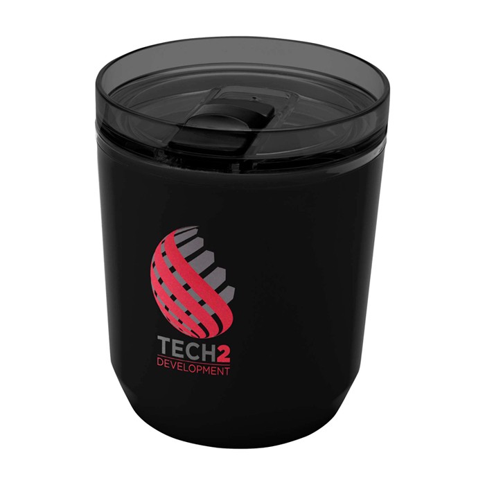 Vaso térmico de plástico reciclado con diseño sencillo 180ml color negro vista impresión tampografía