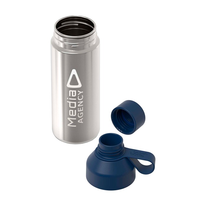 Botella hecha de materiales reciclados con taza 620ml Ocean Bottle color azul marino vista impresa logo 2 Botella hecha de materiales reciclados con taza 620ml Ocean Bottle color azul marino vista impresa logo 2