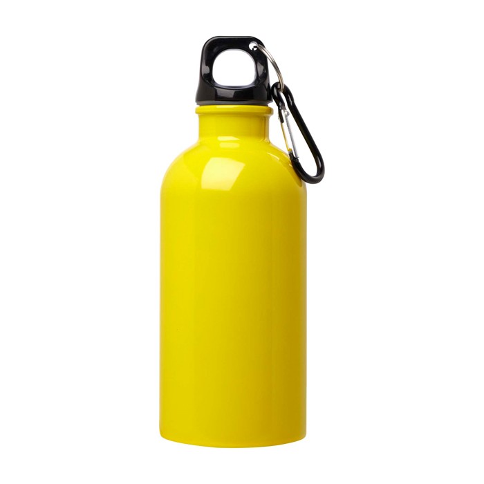 Botella de acero inoxidable reciclado con mosquetón 400ml color amarillo segunda vista frontal