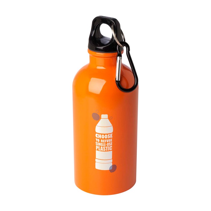 Botella de acero inoxidable reciclado con mosquetón 400ml color naranja vista impresión tampografía