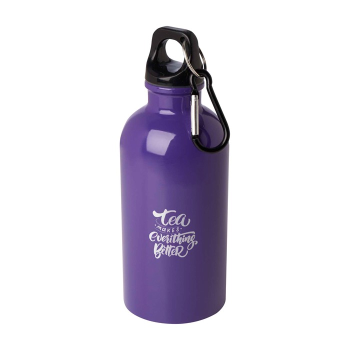 Botella de acero inoxidable reciclado con mosquetón 400ml color morado vista impresión tampografía