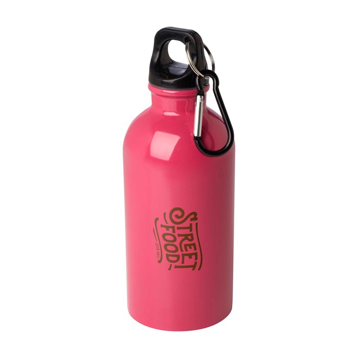 Botella de acero inoxidable reciclado con mosquetón 400ml color fucsia vista impresión tampografía