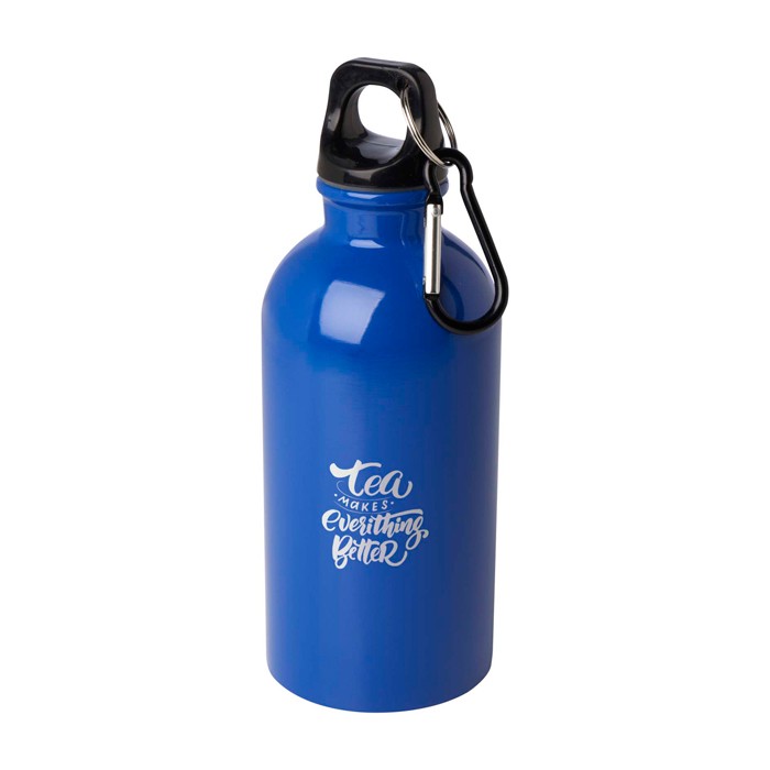 Botella de acero inoxidable reciclado con mosquetón 400ml color azul real vista impresión tampografía