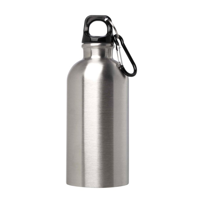 Botella de acero inoxidable reciclado con mosquetón 400ml color plateado segunda vista frontal