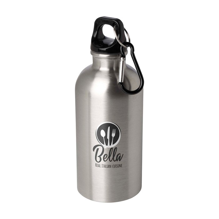 Botella de acero inoxidable reciclado con mosquetón 400ml color plateado vista impresión tampografía